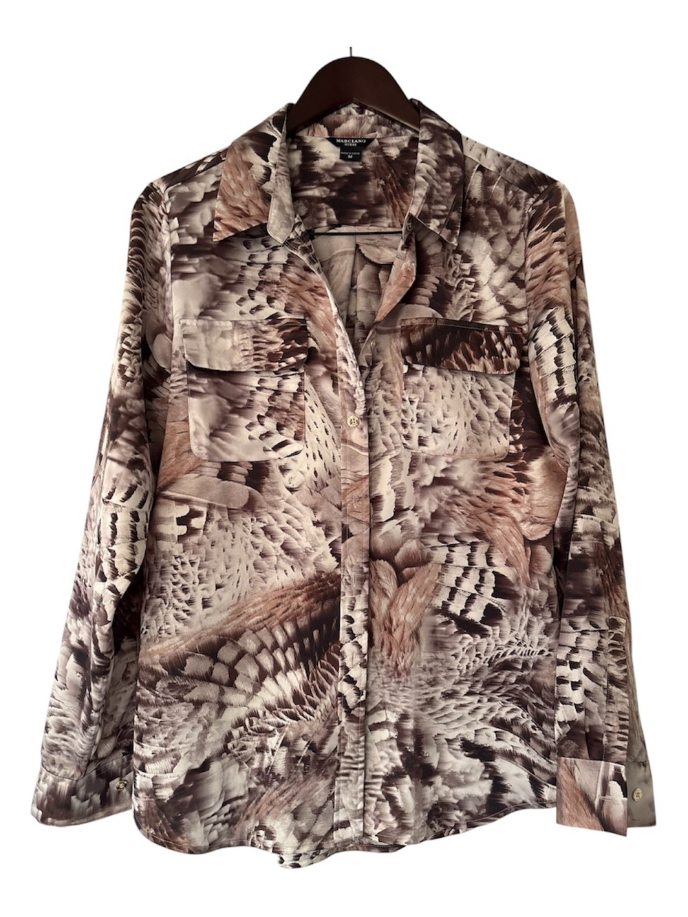 Marciano Feather Print Button-Up Shirt in Taupe and Brown - Size M